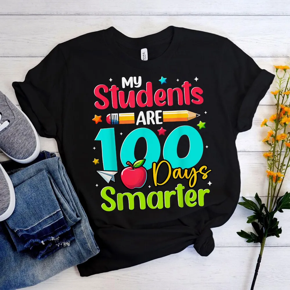 100 Days Smarter Students Teachers Kids 100th Day Of School Shirt Unisex Standard T-Shirt black s